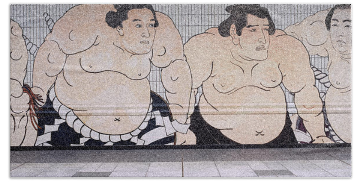 Photography Bath Towel featuring the photograph Sumo Wrestling Mural On A Wall, Ryogoku by Panoramic Images