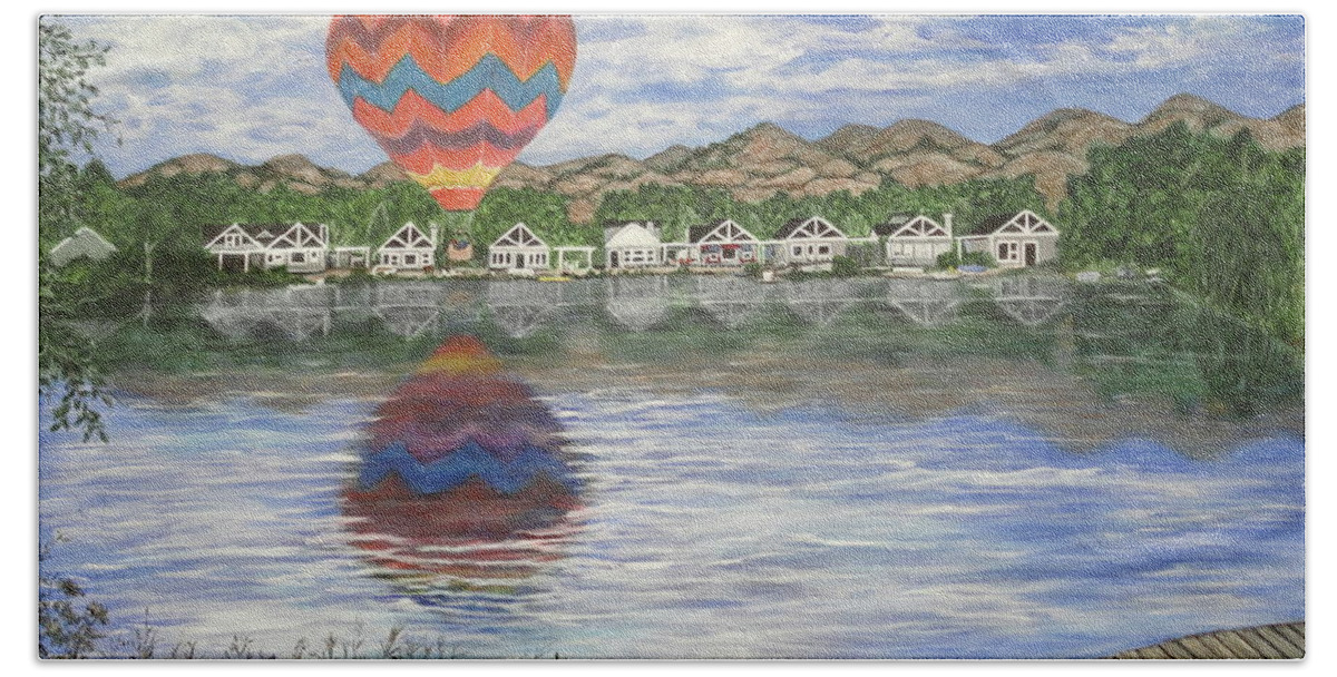 Hot Air Balloon Hand Towel featuring the painting Sundog Splash and Dash by Bonnie Peacher
