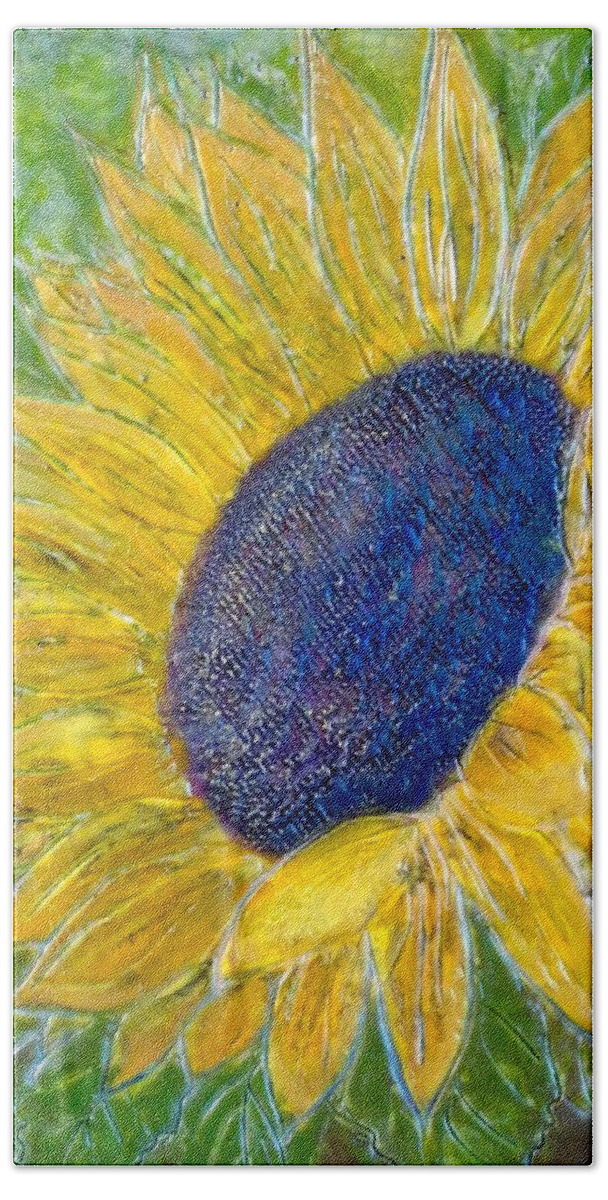 Sun Flower Sunflower Praises Flower Painting Art Yellow Green Encaustic Wax Beeswax Carved Texture Amy Stielstra Fine Art Happy Sunshine Glow Bath Towel featuring the painting Sunflower Praises by Amy Stielstra