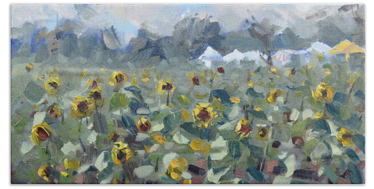 Sunflowers Hand Towel featuring the painting Sunflowers in Sanborn by Ylli Haruni