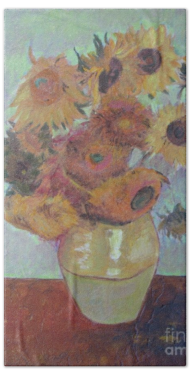 Sunflowers Bath Sheet featuring the painting Sunflowers in vase by Vesna Antic