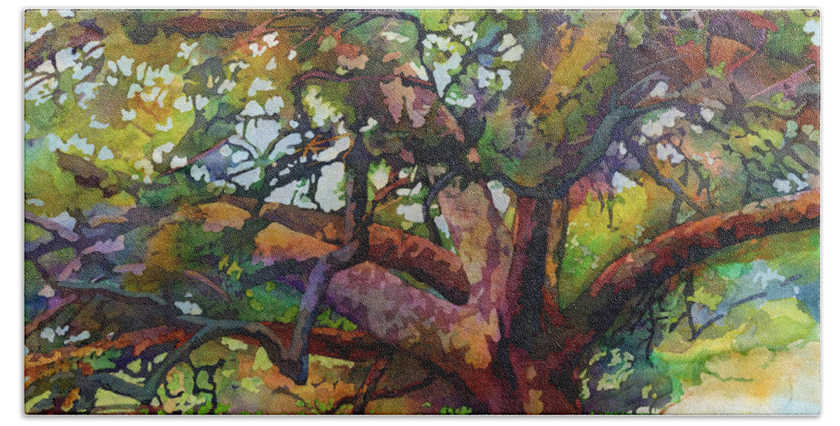 Oak Bath Sheet featuring the painting Sunlit Century Tree by Hailey E Herrera