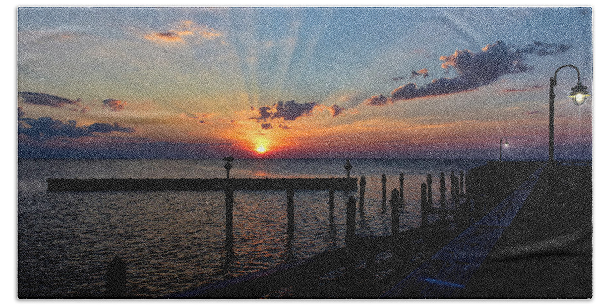 Chesapeake Beach Hand Towel featuring the photograph Sunrise at the Pier by Richard Gehlbach