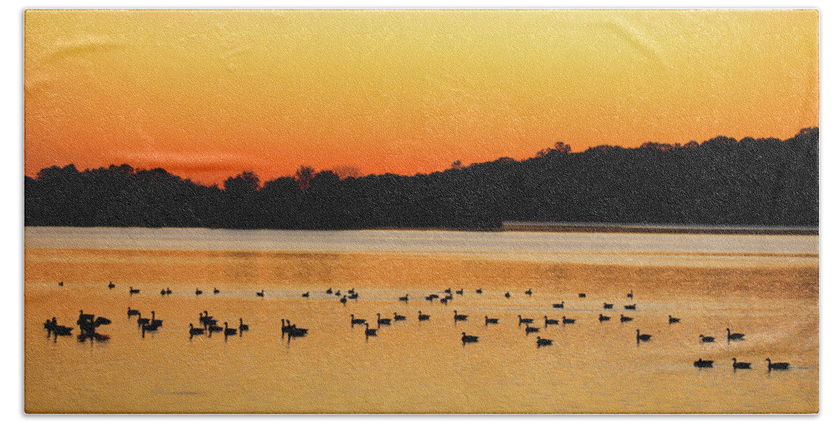Sunrise Bath Towel featuring the photograph Sunrise With The Geese by Scott Burd