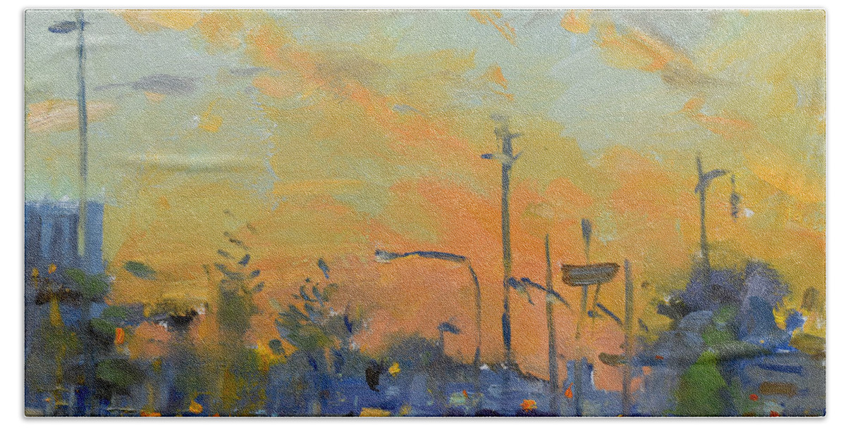 Sunset Hand Towel featuring the painting Sunset at Pine Ave - Portage Rd by Ylli Haruni