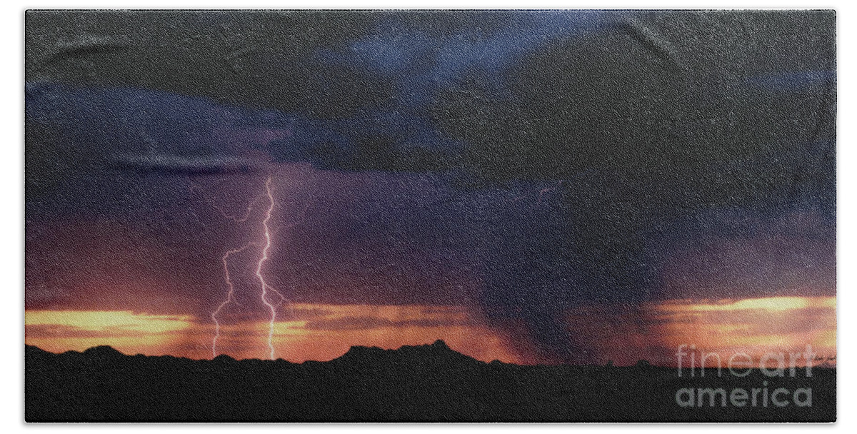 Lightning Bath Towel featuring the photograph Sunset Lightning-Signed by J L Woody Wooden