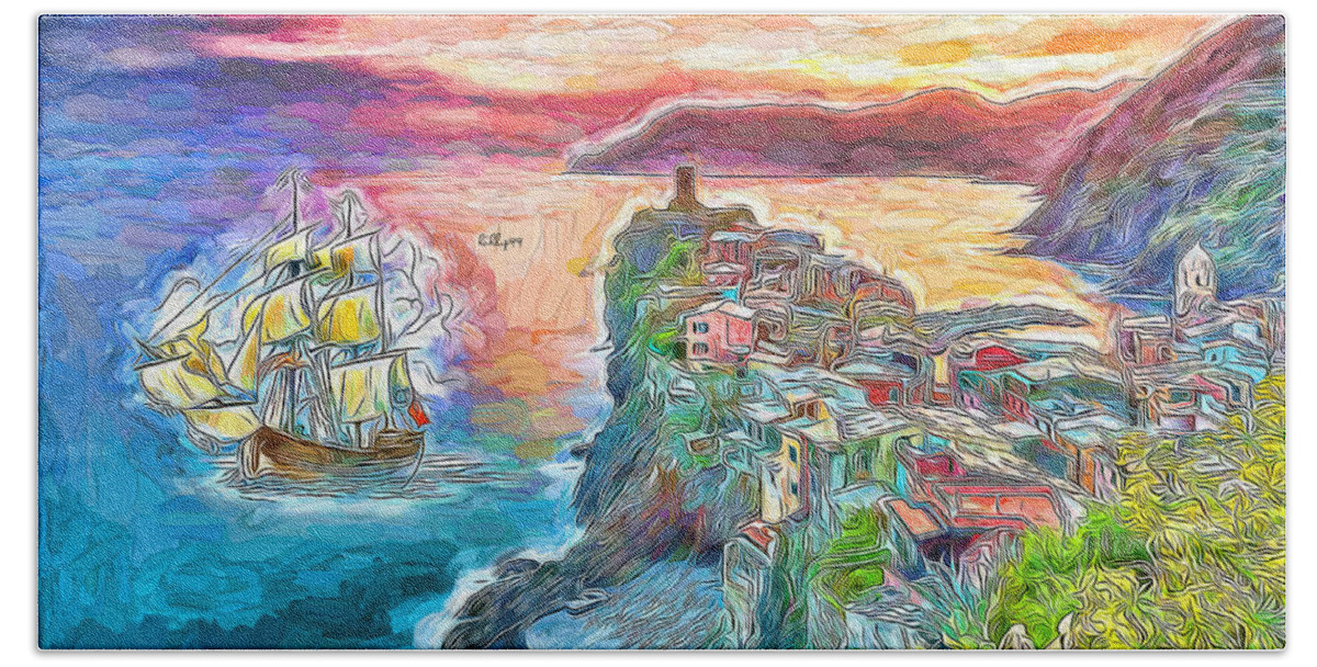 Paint Hand Towel featuring the painting Sunset on italian coast by Nenad Vasic