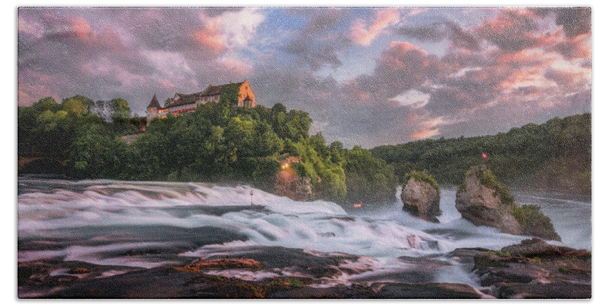 Laufen Bath Towel featuring the photograph Sunset on Rhine Falls by Dmytro Korol