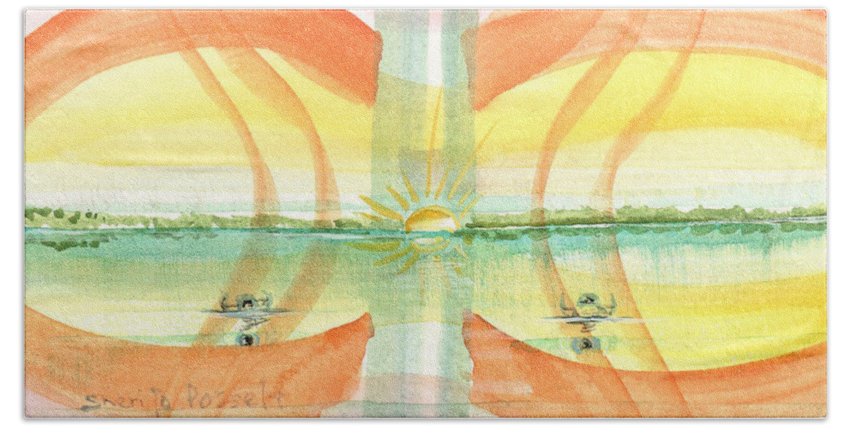 Plaid Bath Towel featuring the painting Sunset Reflection by Sheri Jo Posselt