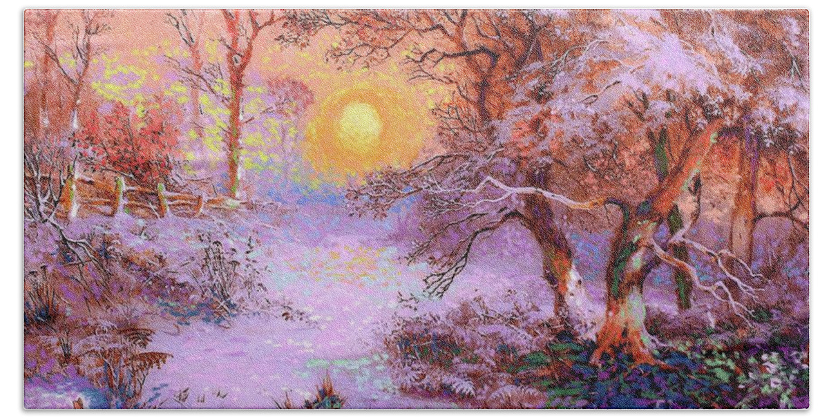 Tree Bath Sheet featuring the painting Sunset Snow by Jane Small