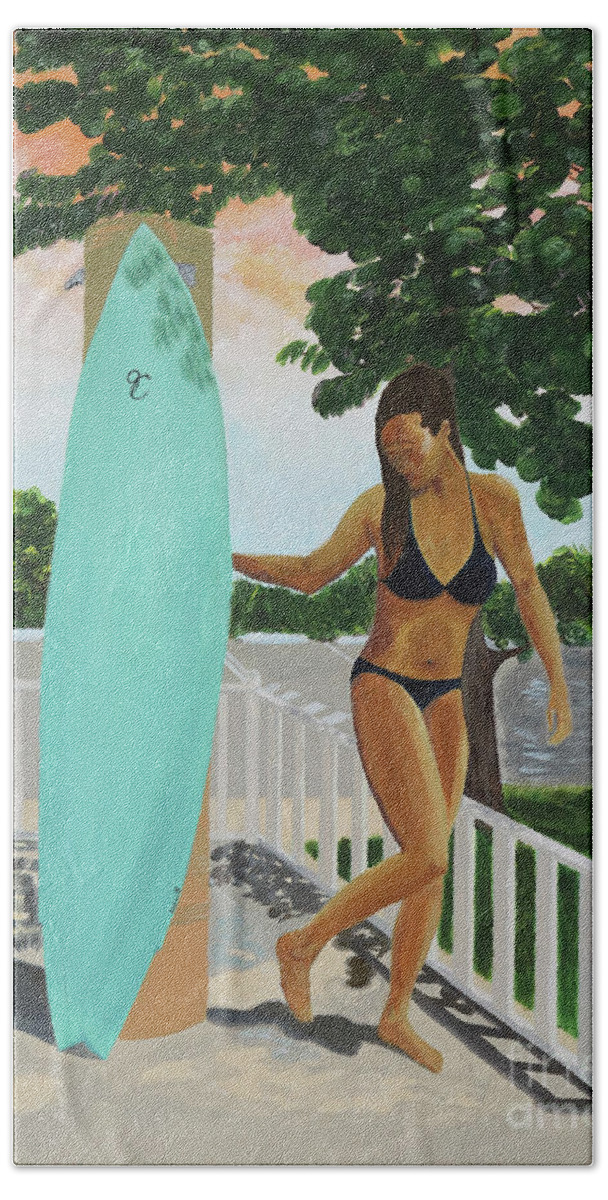 Beach Hand Towel featuring the painting Surfer Girl Beach Shower by Jenn C Lindquist