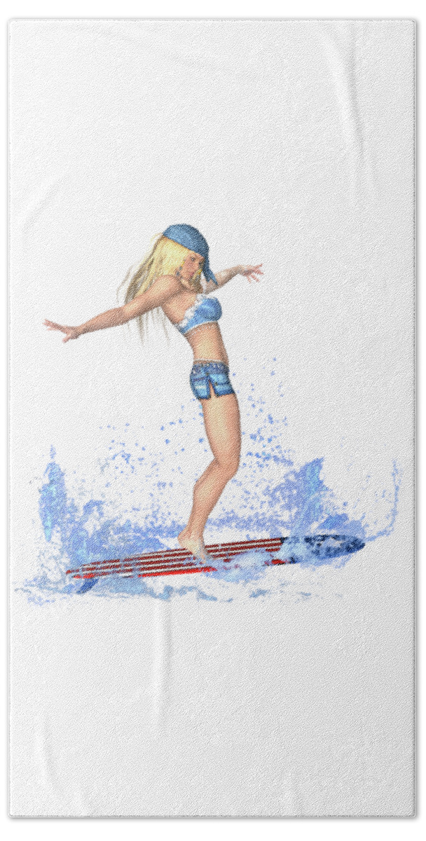 Surfing Girl Hand Towel featuring the digital art Surfing Girl by Renate Janssen