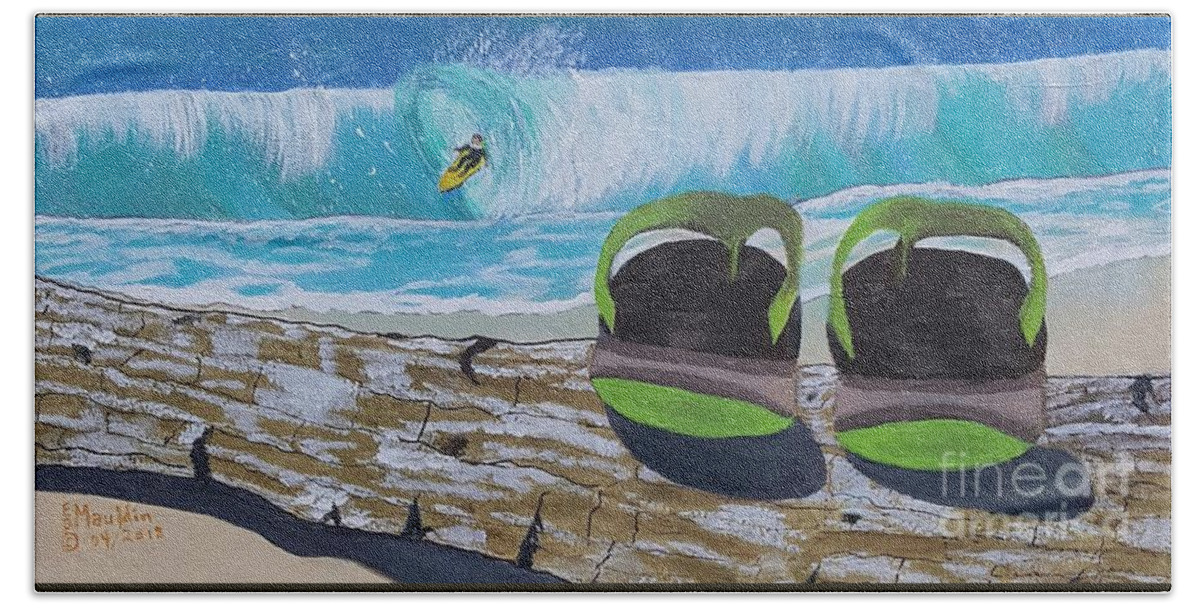Surf's Up Bath Towel featuring the painting Surf's Up, Sandals Down by Elizabeth Dale Mauldin