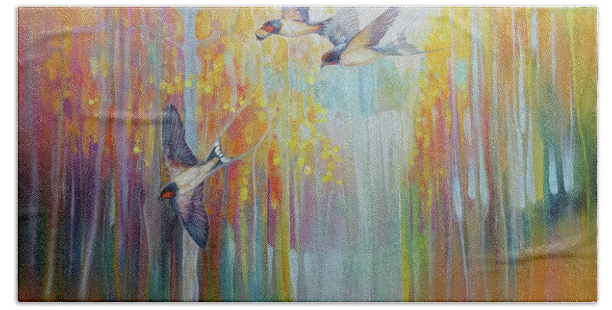 Swallows Hand Towel featuring the painting Swallow Song - autumn landscape original oil painting by Gill Bustamante