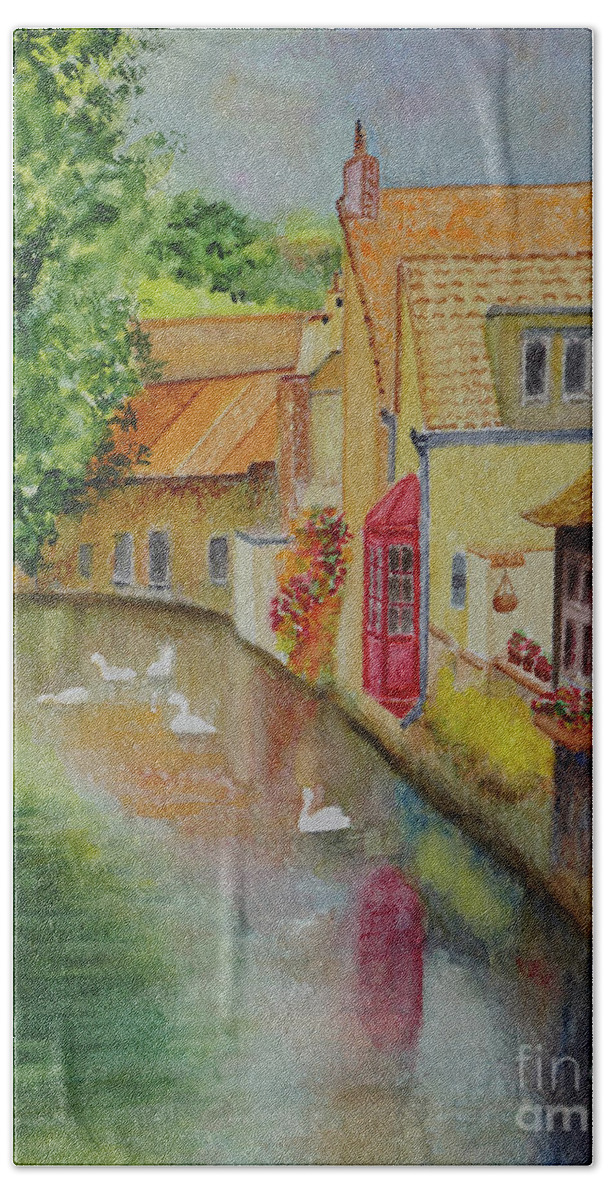 Bruges Hand Towel featuring the painting Swan Canal by Karen Fleschler