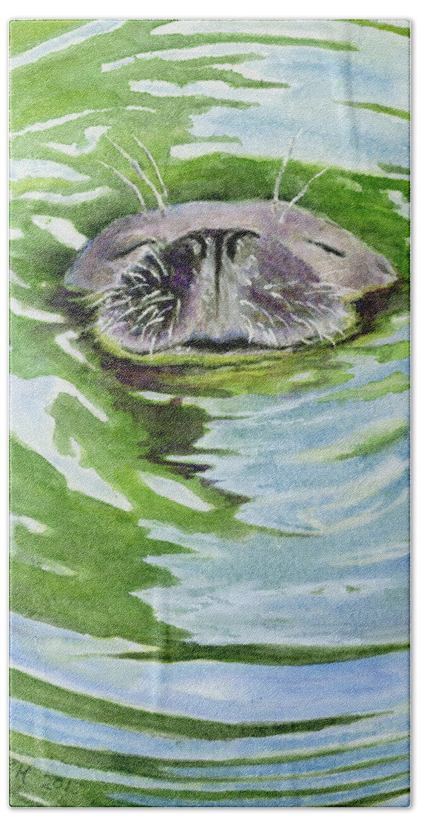 Water Hand Towel featuring the painting Sweet Sleeping Seal by Wendy Keeney-Kennicutt