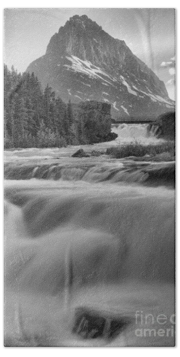 Swift Current Falls Bath Towel featuring the photograph Swiftcurrent Falls Spring SUnset Black And White by Adam Jewell
