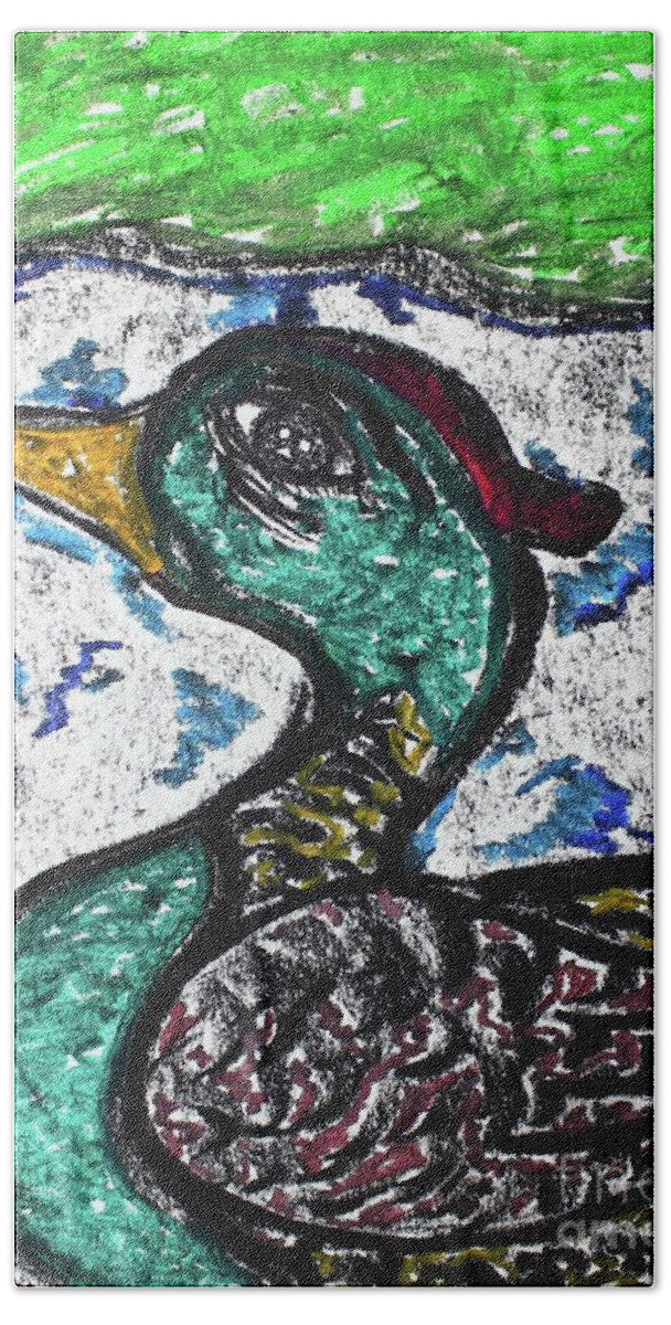 Charcoal Bath Towel featuring the pastel Swimming Duck by Odalo Wasikhongo