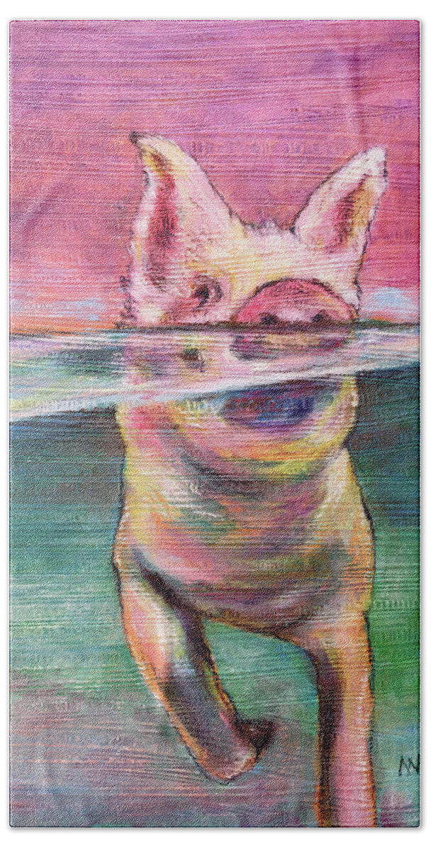Pig Hand Towel featuring the mixed media Swimming Pig by AnneMarie Welsh