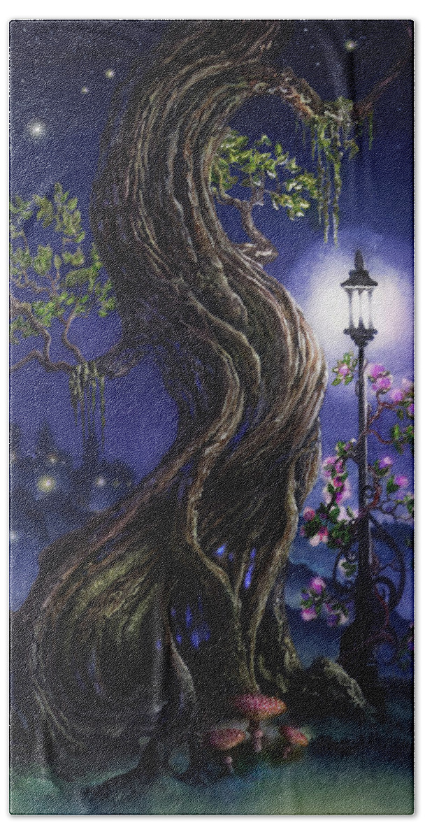 Tree Hand Towel featuring the painting Sylvia and Her Lamp At Dusk by Curtiss Shaffer