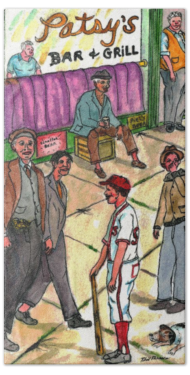 Talking Hand Towel featuring the painting Talking About Baseball With The Men At The Corner Bar and Grill by Philip And Robbie Bracco