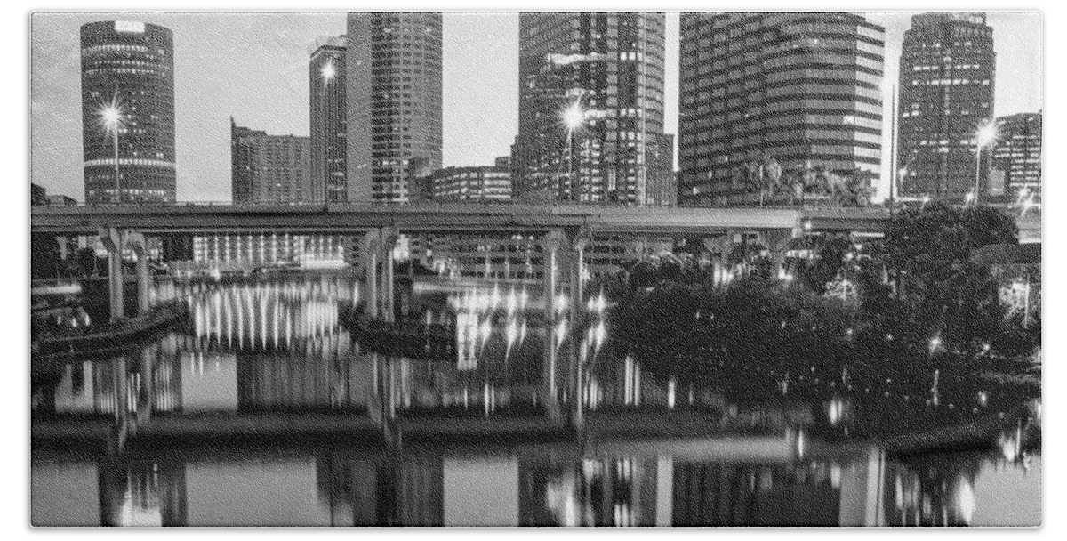 America Hand Towel featuring the photograph Tampa Skyline at Dawn Over The Riverwalk in Monochrome 1x1 by Gregory Ballos