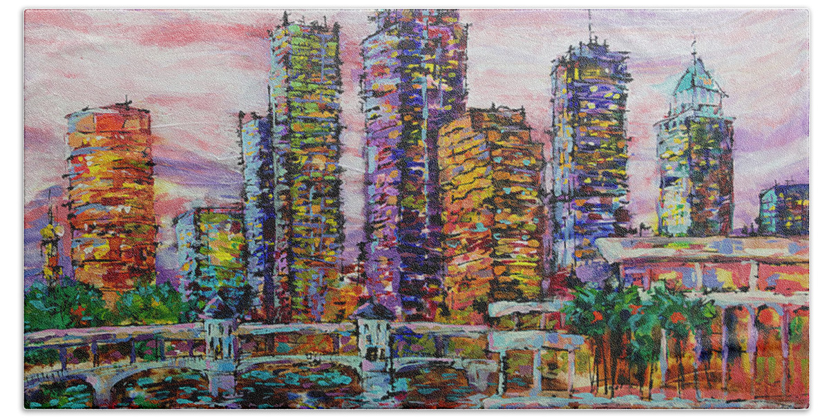  Bath Towel featuring the painting Tampa skyline at Sunset by Jyotika Shroff