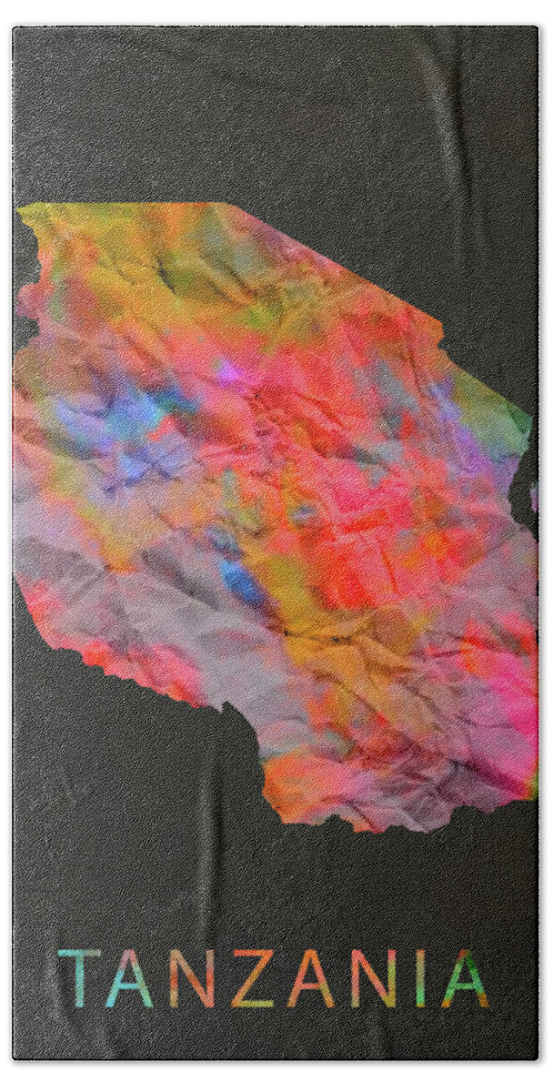 Tanzania Bath Towel featuring the mixed media Tanzania Tie Dye Country Map by Design Turnpike