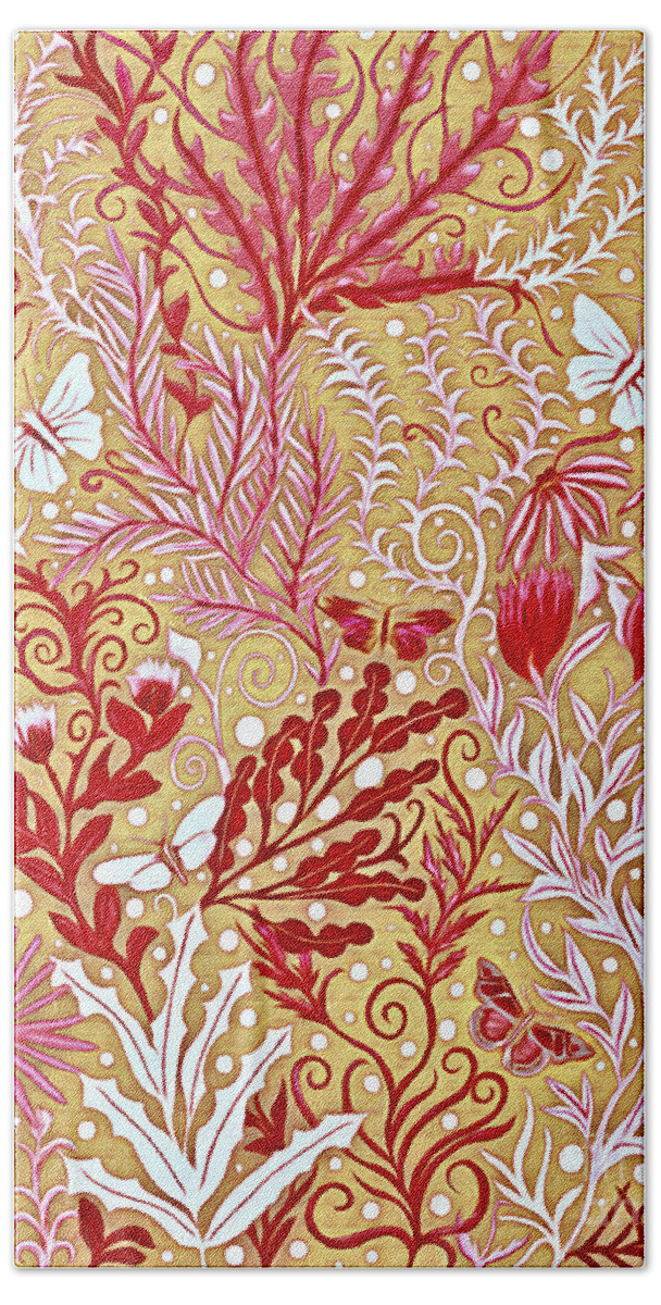 Lise Winne Bath Towel featuring the mixed media Tapestry Design with red and pink on a gold background by Lise Winne