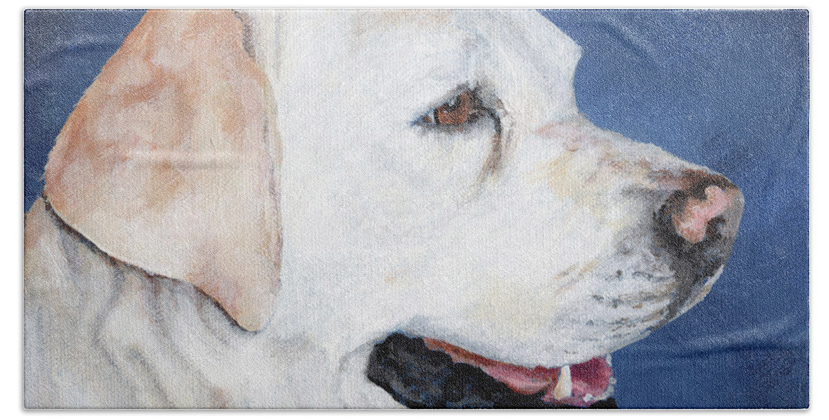 Dog Hand Towel featuring the painting Taz - White Lab Portrait by Annie Troe
