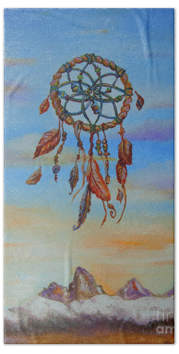Dreamcatcher Bath Towel featuring the painting Teton Dreamcatcher by Shelley Myers