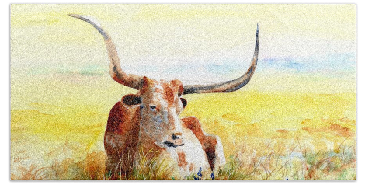 Longhorn Hand Towel featuring the painting Texas Longhorn, Bluebonnets and Sunshine by Carlin Blahnik CarlinArtWatercolor