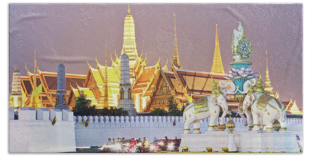 Estock Hand Towel featuring the digital art Thailand, Central Thailand, Bangkok, Grand Palace Complex, Wat Phra Kaew And Royal Palace Illuminated At Night by Luigi Vaccarella