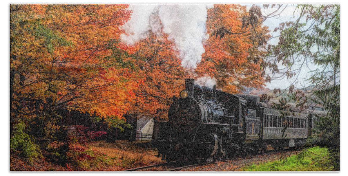 Essex Steam Train Bath Towel featuring the photograph The #40 chugging through the fall colors by Jeff Folger
