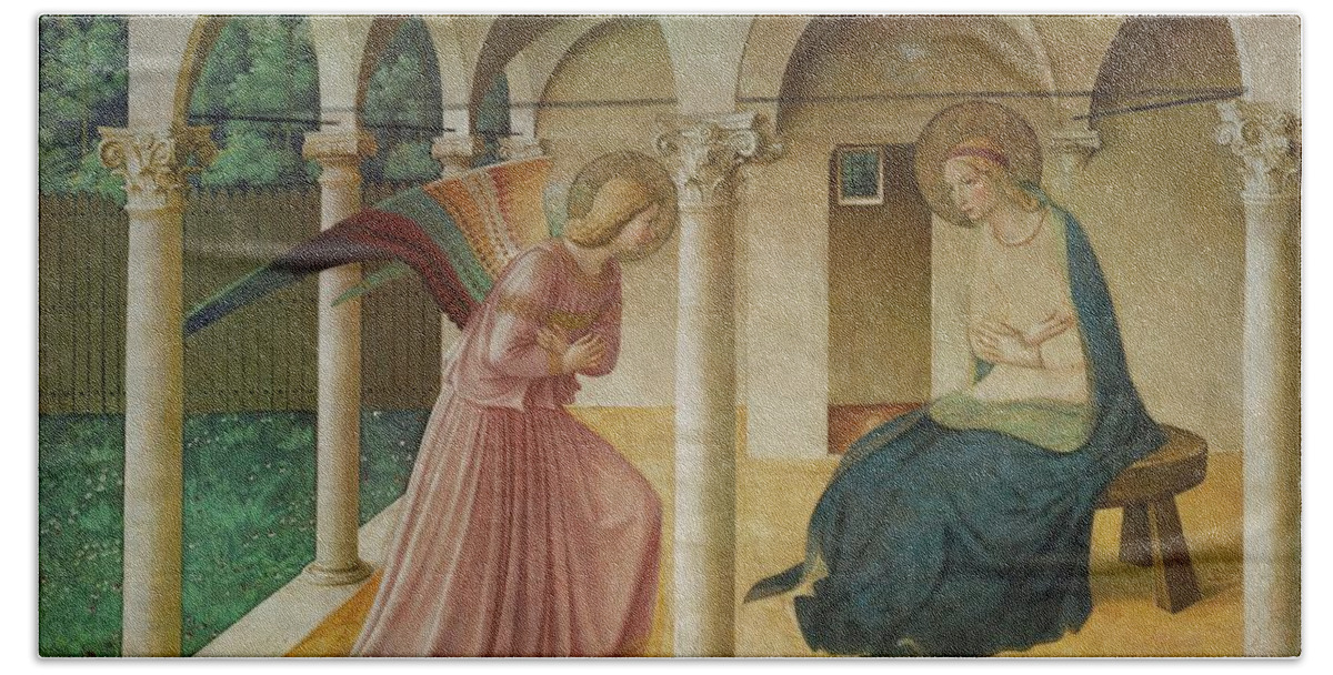 Archangel Gabriel Bath Towel featuring the painting The Annunciation. Fresco in the former dormitory of the Dominican monastery San Marco, Florence. by Fra Angelico -c 1395-1455-