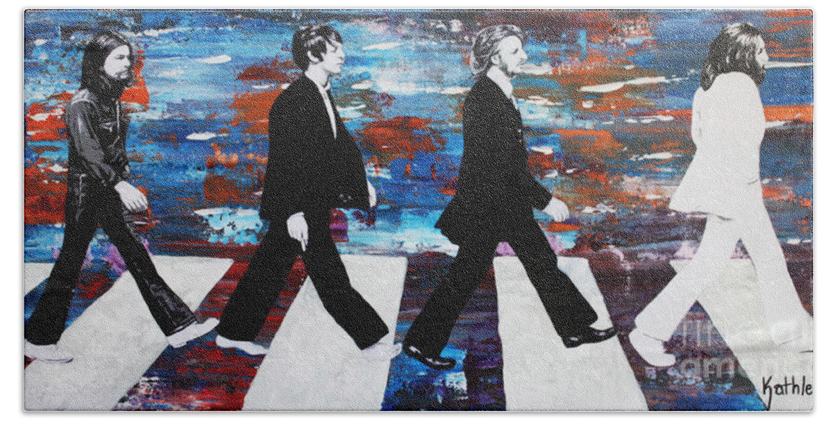 Beatles Bath Towel featuring the painting The Beatles Group Abbey Road by Kathleen Artist PRO