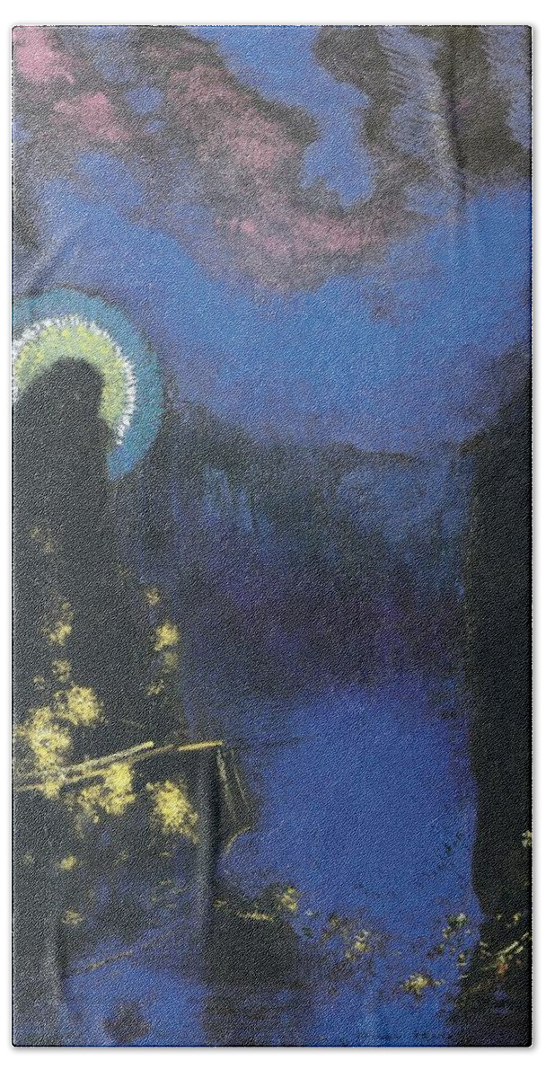 Odilon Redon Hand Towel featuring the painting The Boat also known as Virgin with Corona, 1897 by Odilon Redon