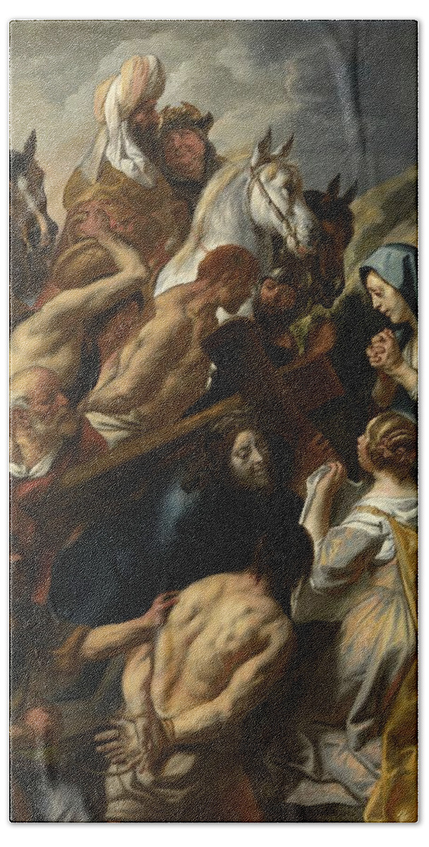 Jacob Jordaens Bath Towel featuring the painting The Carrying of the Cross, 1657 by Vincent Monozlay
