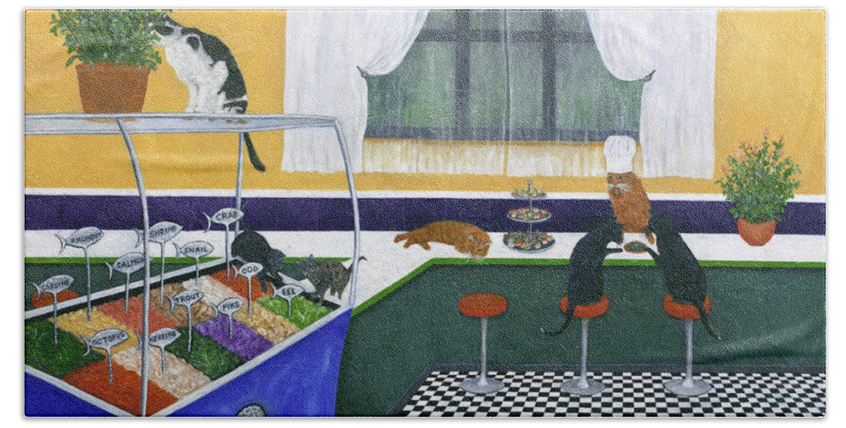 Karen Zuk Rosenblatt Bath Towel featuring the painting The Cat Cafe by Karen Zuk Rosenblatt