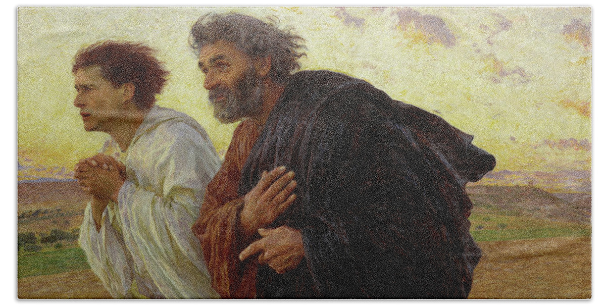 Eugene Burnand Hand Towel featuring the painting The Disciples Peter and John running to the tomb on the morning of the Resurrection, 1898 by Eugene Burnand