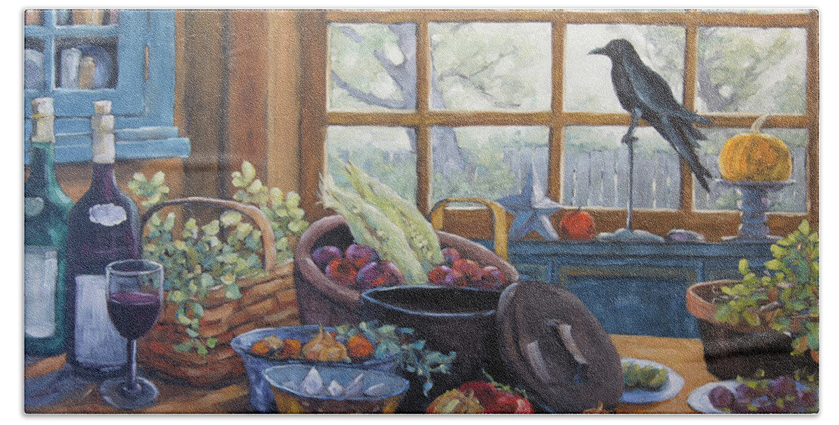 30x24x1.5 Bath Towel featuring the painting The Good Harvest Country Kitchen by Richard Pranke by Richard T Pranke