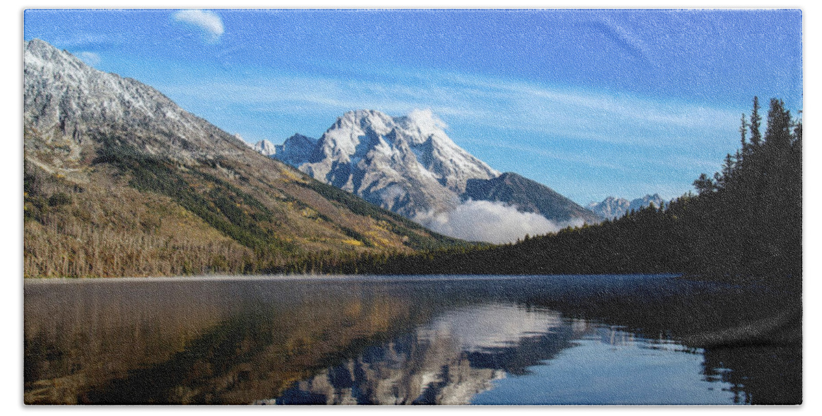 Grand Teton Bath Towel featuring the photograph The Grand Tetons Reflected on still waters.... by David Choate