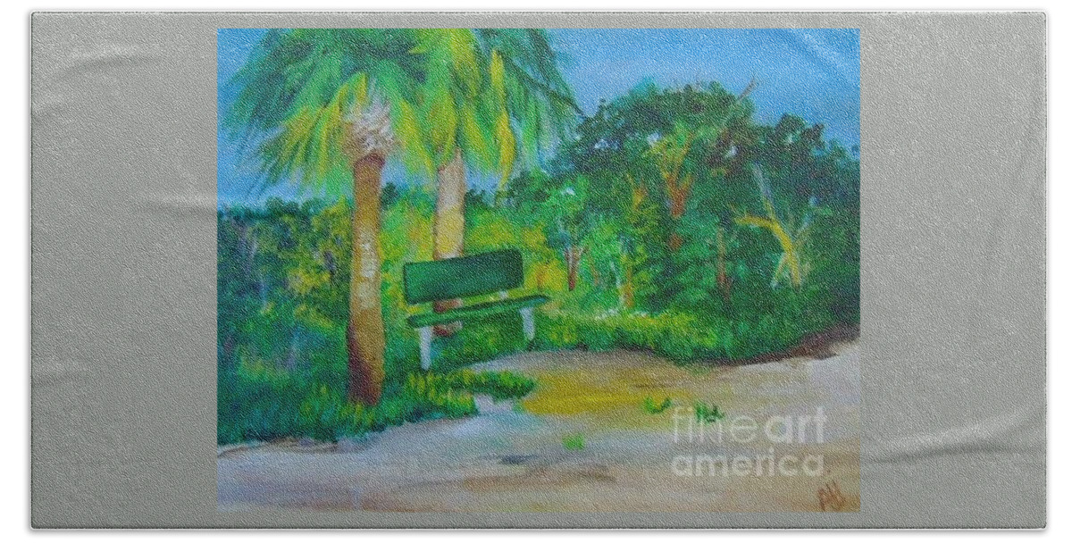 Green Bath Towel featuring the painting The Green Bench by Saundra Johnson