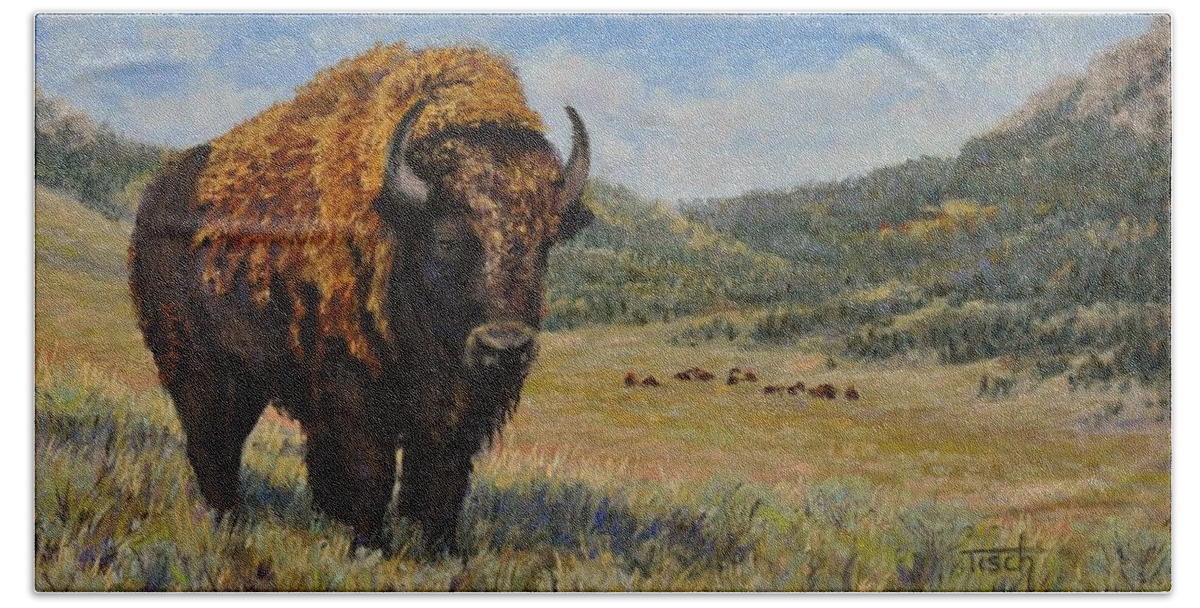 Bison Bath Towel featuring the painting The Guardian by Lee Tisch Bialczak