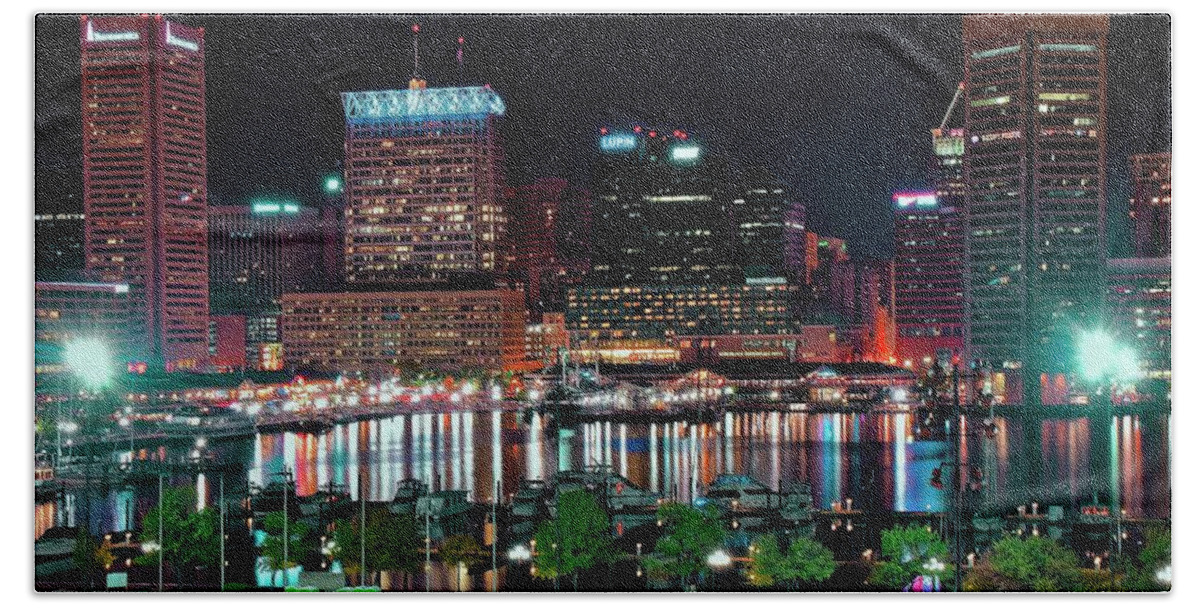 Baltimore Bath Towel featuring the photograph The Harbor in Baltimore by Frozen in Time Fine Art Photography