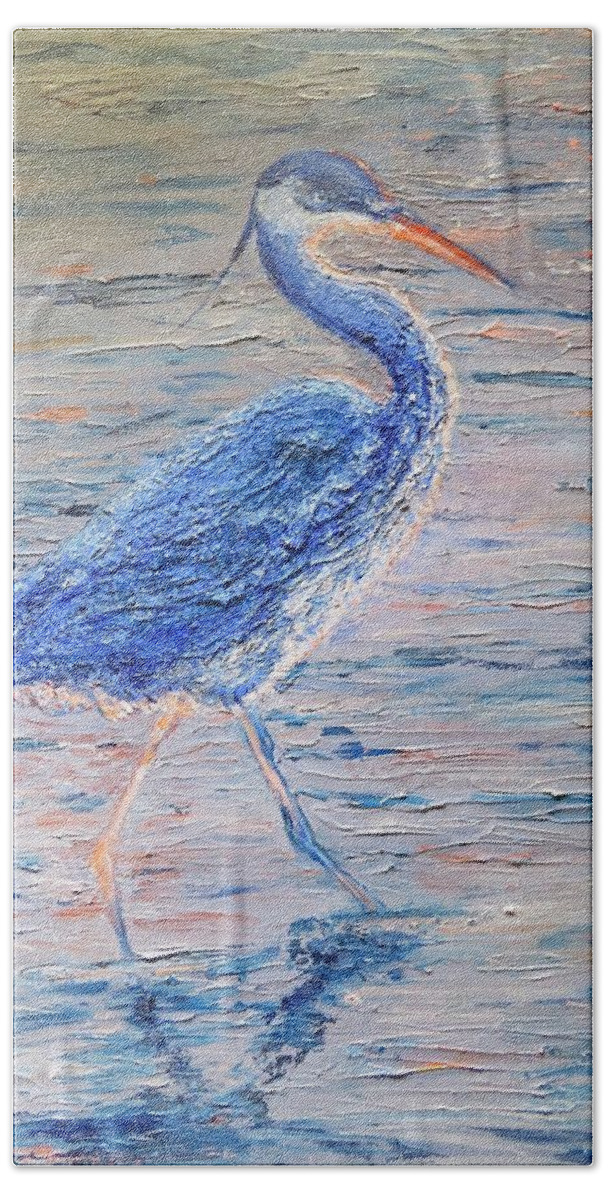 Blue Heron Bath Towel featuring the painting The Hunter by Alice Faber