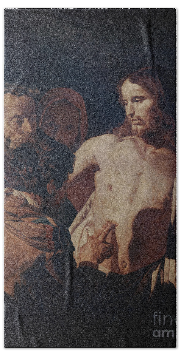 Doubting Thomas Bath Towel featuring the painting The Incredulity Of Saint Thomas, 1620 by Gerrit Van Honthorst