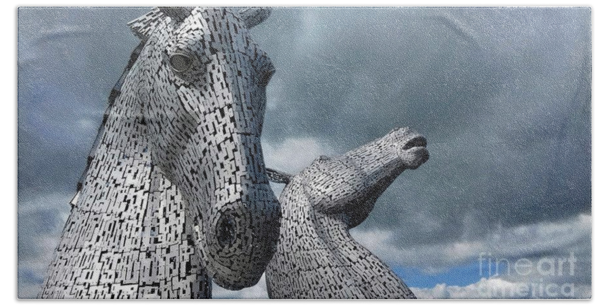 The Kelpies Bath Towel featuring the photograph The Kelpies by Joan-Violet Stretch