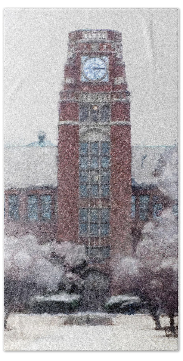 Lane Tech Hand Towel featuring the digital art The Lane Tech Clock Tower - Early Snow by Glenn Galen