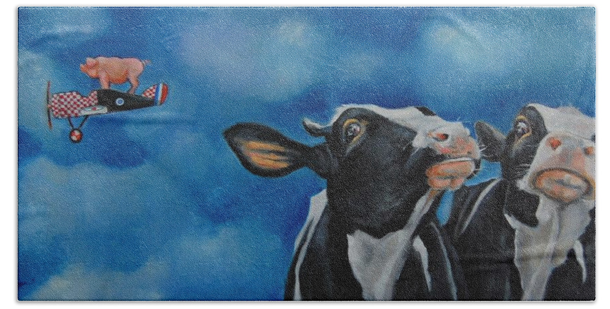 Bovine Bath Towel featuring the painting The Last Great Escape by Jean Cormier